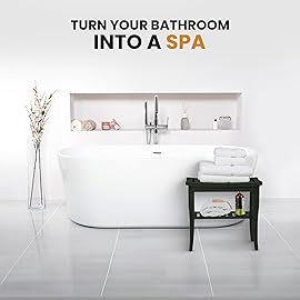 Black Shower Bench - Small Wooden Shower Stool with Storage Shelf, Non-Slip Bathroom Seat, Spa Decor Bath Bench, Foot Rest Shaving Stool for Shower, Indoor Outdoor Use, Great Gift Idea (17 x 9 x 17)