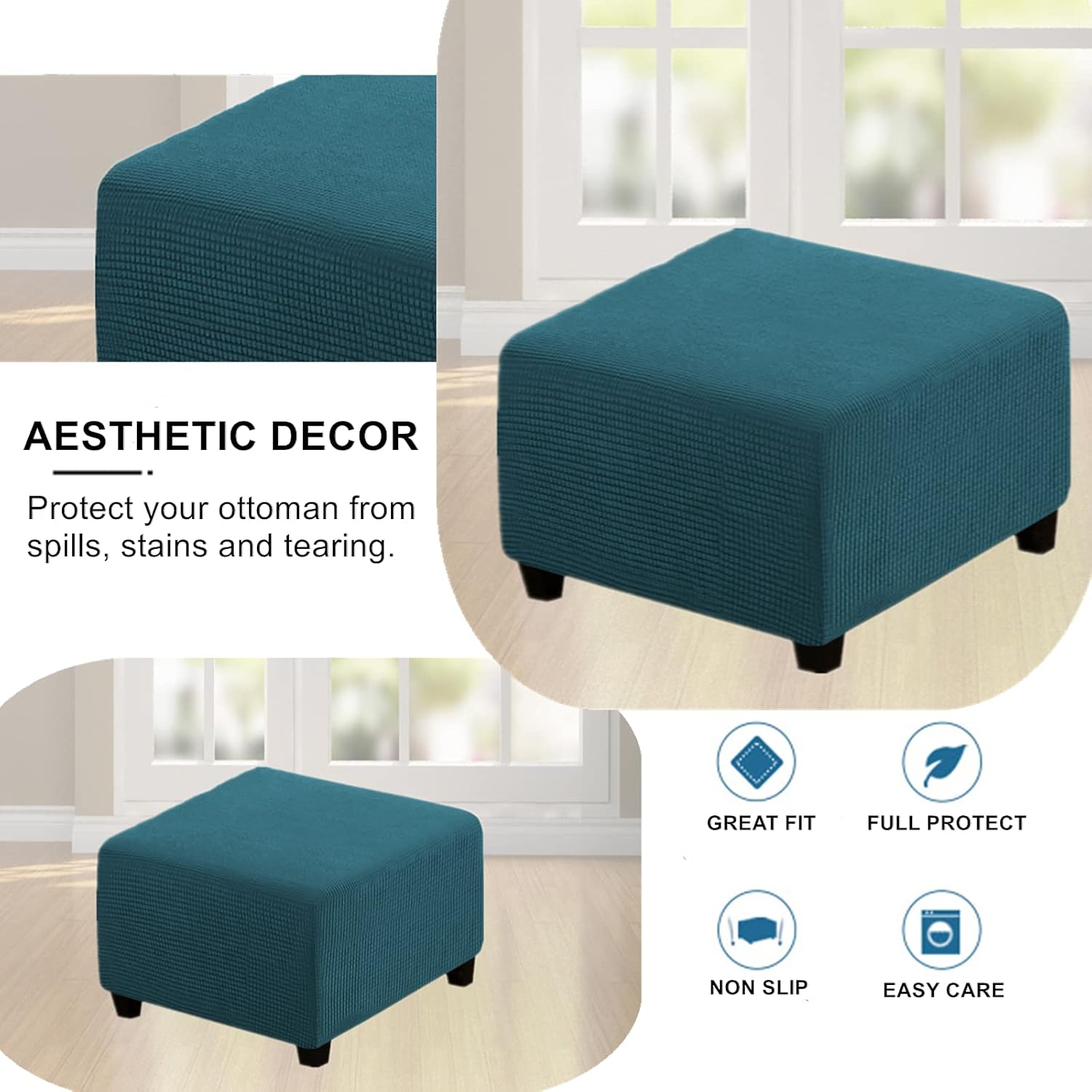 Footstools for Living Room Stretch Square Footstool Slipcover Storage Ottoman Chair Covers Sofa Foot Stool Cover Non Slip Footrest Protector with Elastic Bottom