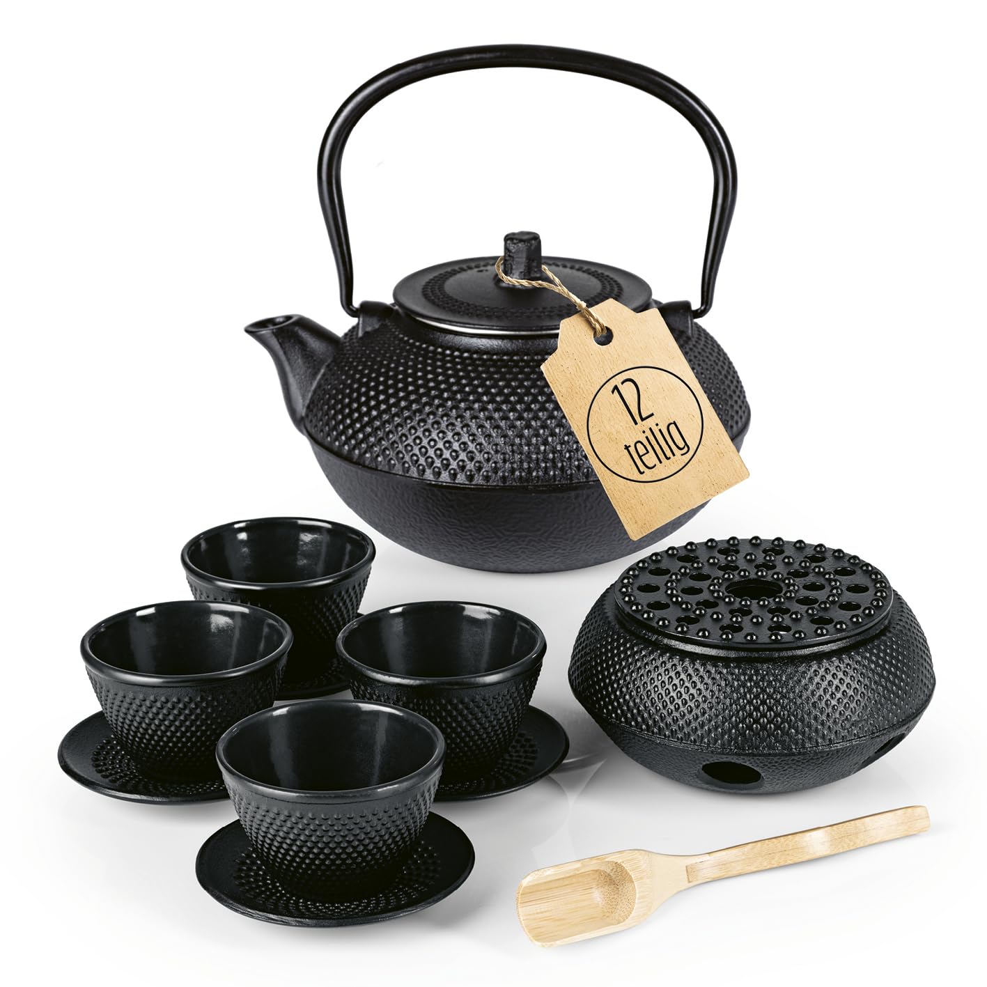 Lumaland Tee Set 12-teilig | 1,4 Liter Gusseiserne Teekanne Tetsubin | Stövchen aus Gusseisen | 4 Teebecher & 4 Untersetzer | Japanisches Teeset Inkl. Bambus Dosierlöffel & Edelstahl Sieb