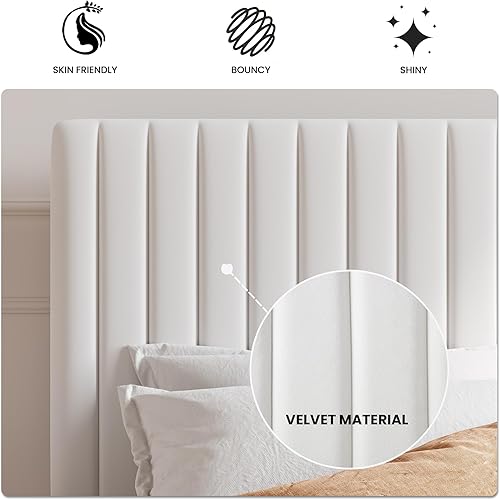 Miniatura 6 de SHA CERLIN Base de cama de plataforma tapizada tamaño King con cabecera ajustable de tela de terciopelo capitoné de canal vertical, soporte de