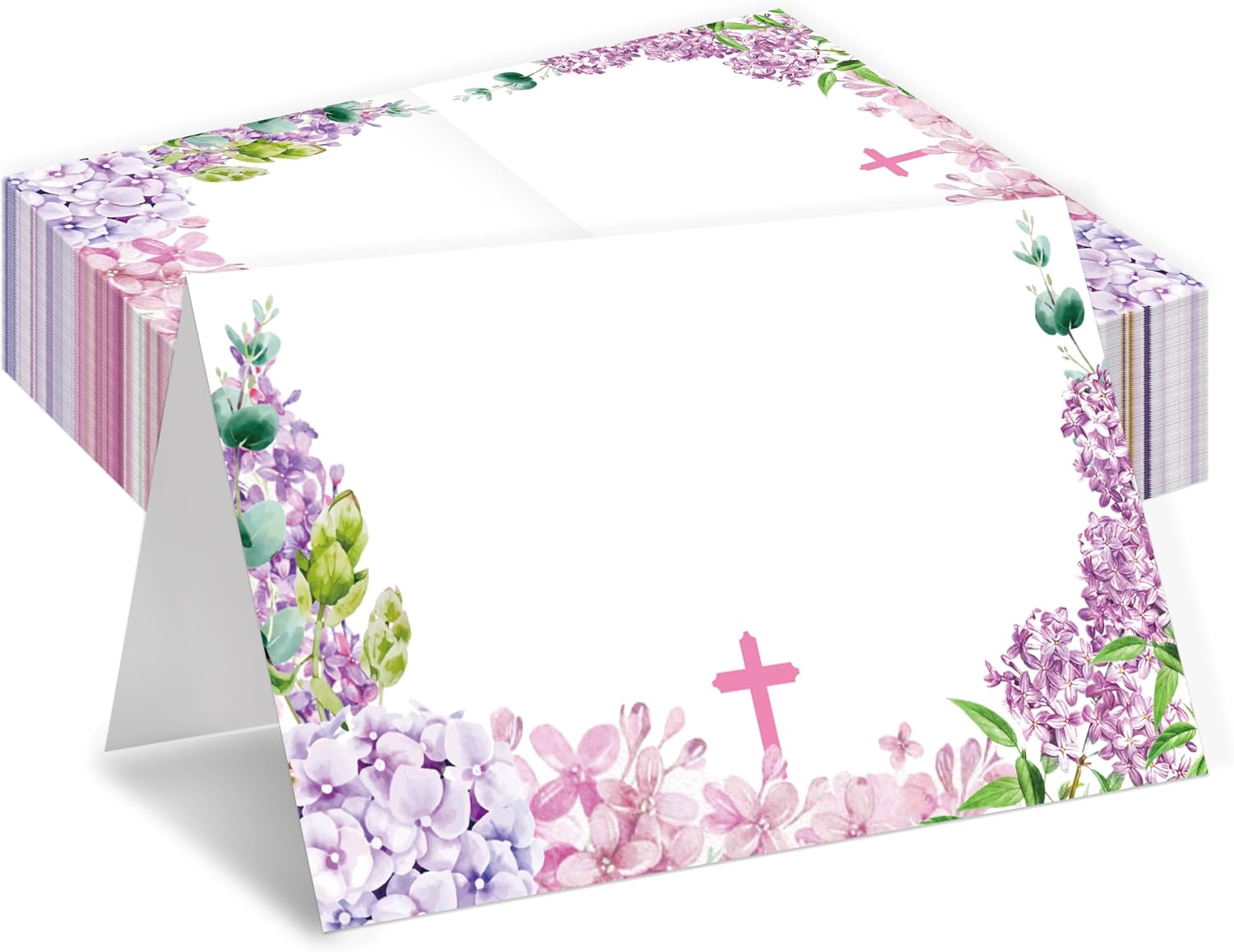 Baptism Place Cards, Blue Floral Place Cards For Table Setting, Religious Bautizo Name Cards For Boys, First Holy Communion Christening Dinner Party Reception Supplies, 25 Cards Included -06