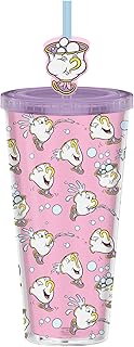 Silver Buffalo Disney Beauty and the Beast Chip Playing with Bubbles Plastic Cold Cup with Lid and Straw Topper, 24 Ounces