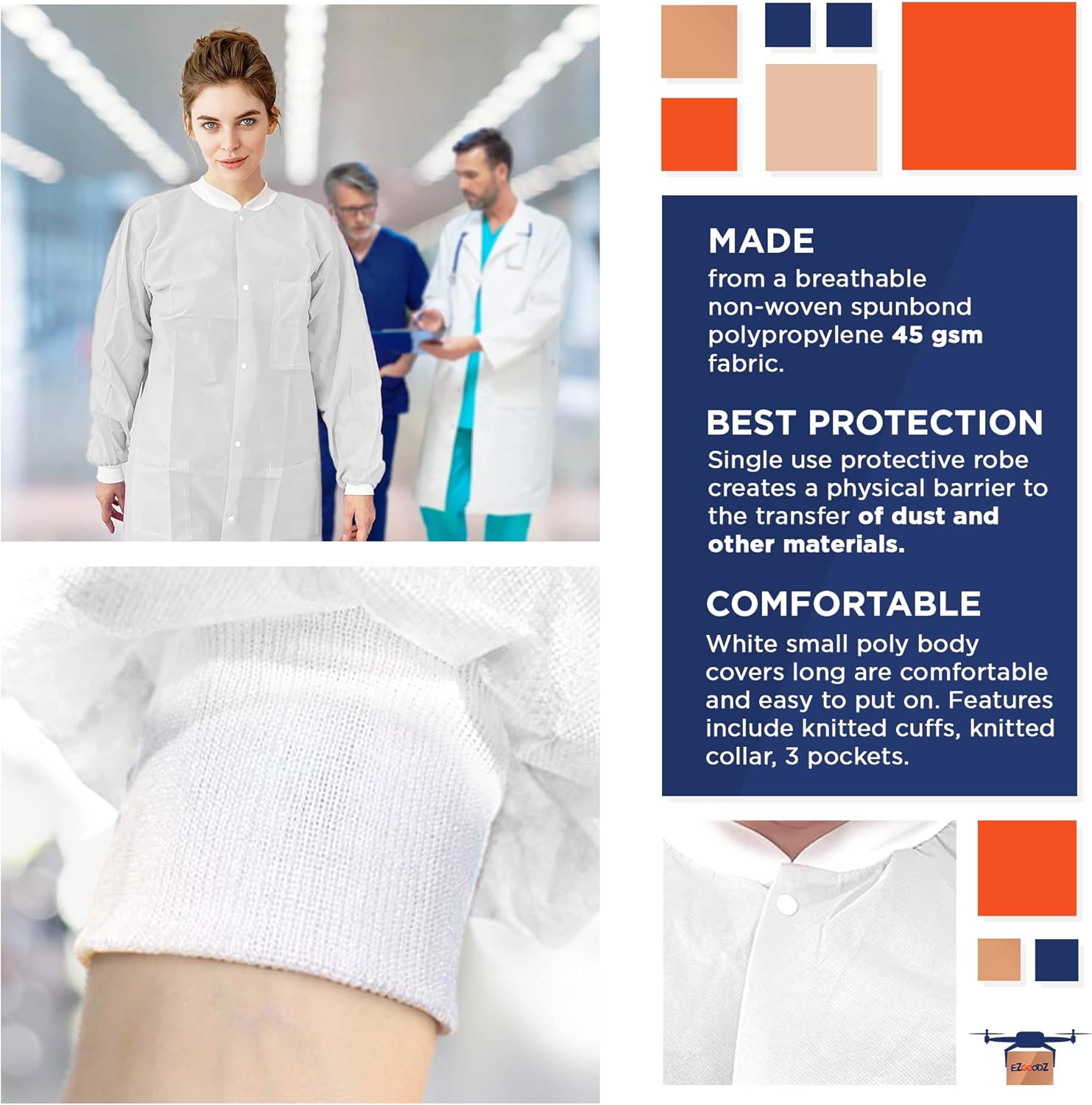 EZGOODZ Disposable Lab Coats for Adults, Large White, 45 GSM Polypropylene, Unisex Lab Coat with Snap Front, Knit Cuffs and Collar, 3 Pockets, Pack of 10
