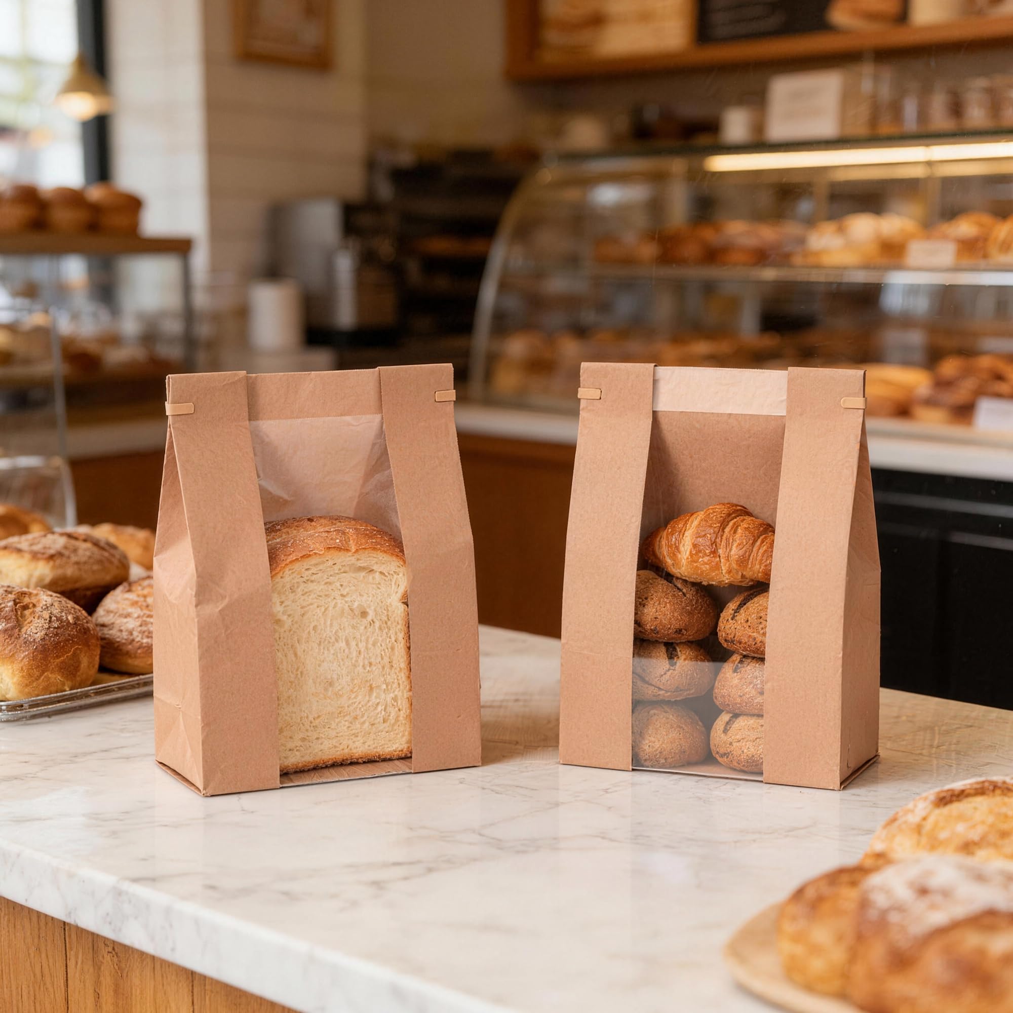 100 Lot Sacs à Pain en Papier Kraft avec Fenêtre Transparente, Grands Sacs de boulangerie 35x9x21cm avec Fermeture à Cravate en Étain et Autocollants pour Pain, biscuits, Friandises