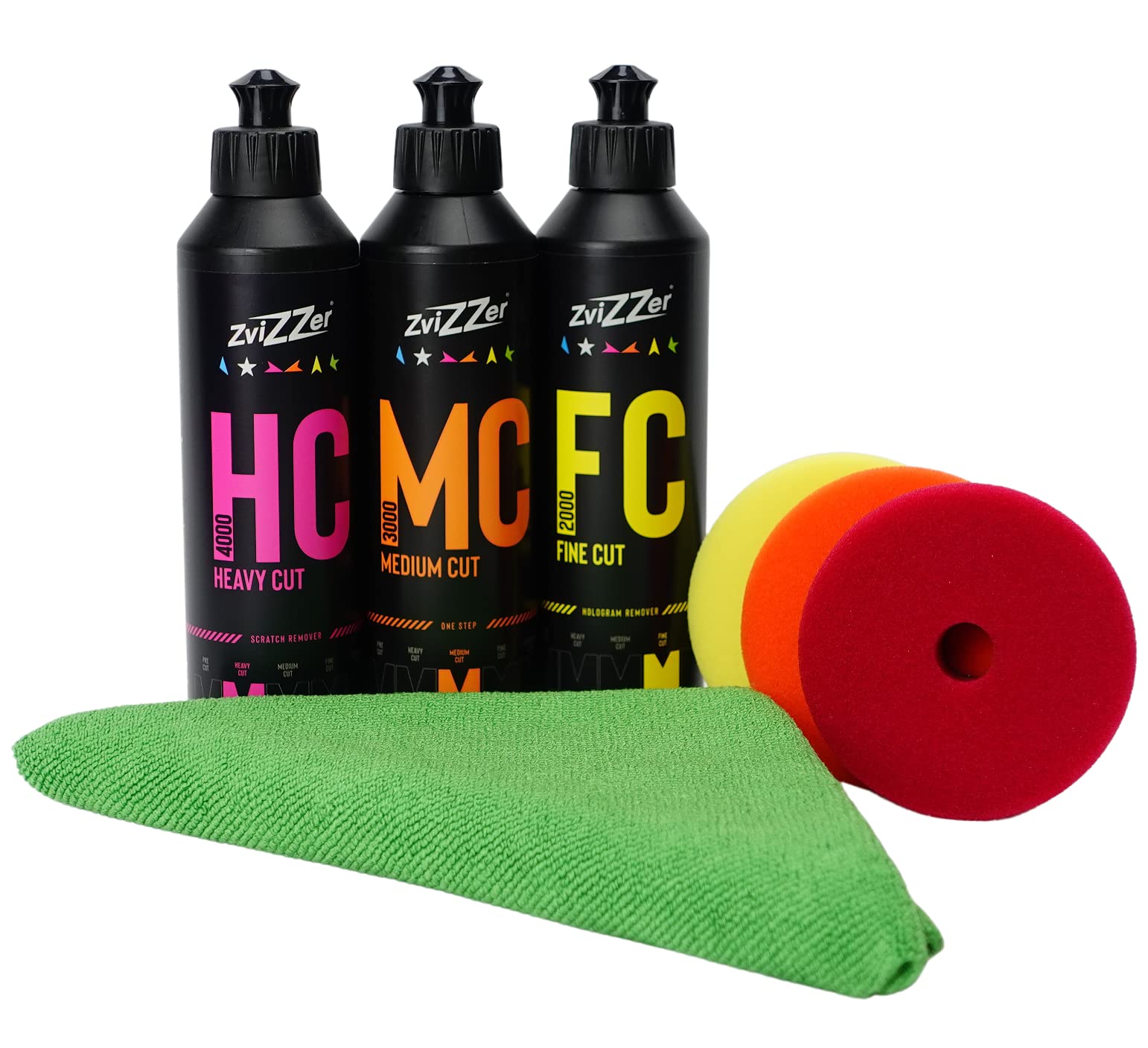 ADVANTUSE - ZviZZer Polierset 3x 75mm Polierpad mit 3x 250ml Polituren Heavy Cut bis Finish