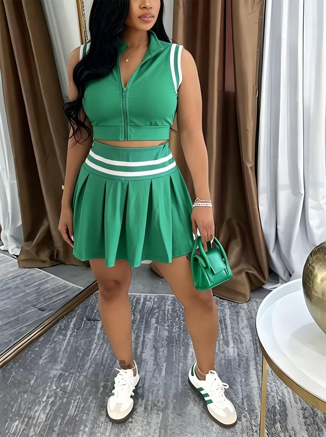 Tennis Outfit Skirt Sets Women 2 Piece Outfits Zipper V Neck Crop Tops and Pleated Skirt Set Summer Tracksuits