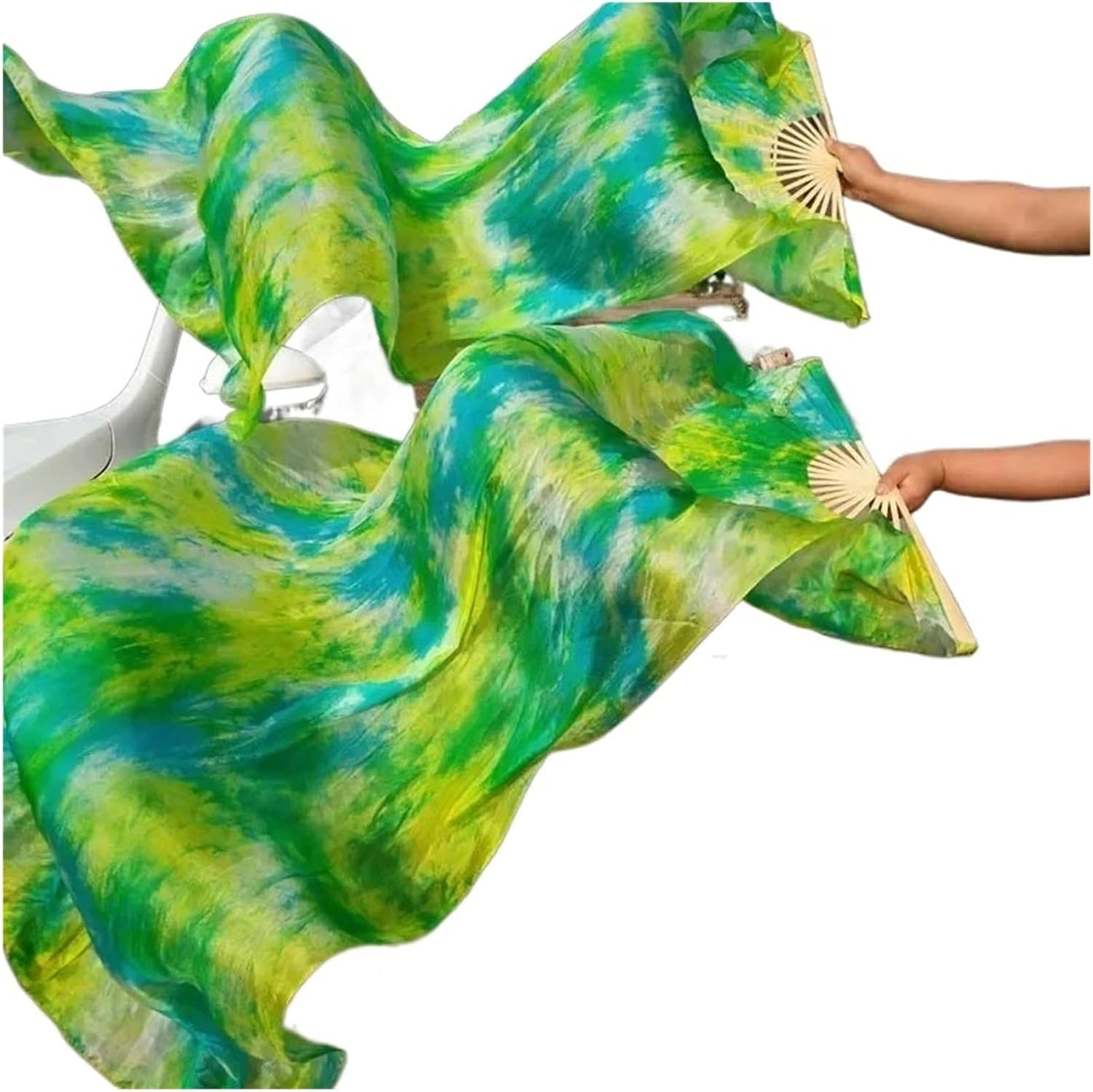 1 Pair Real Silk Belly Dance Fans Handmade Dyed BellyDance Long Fan Veils