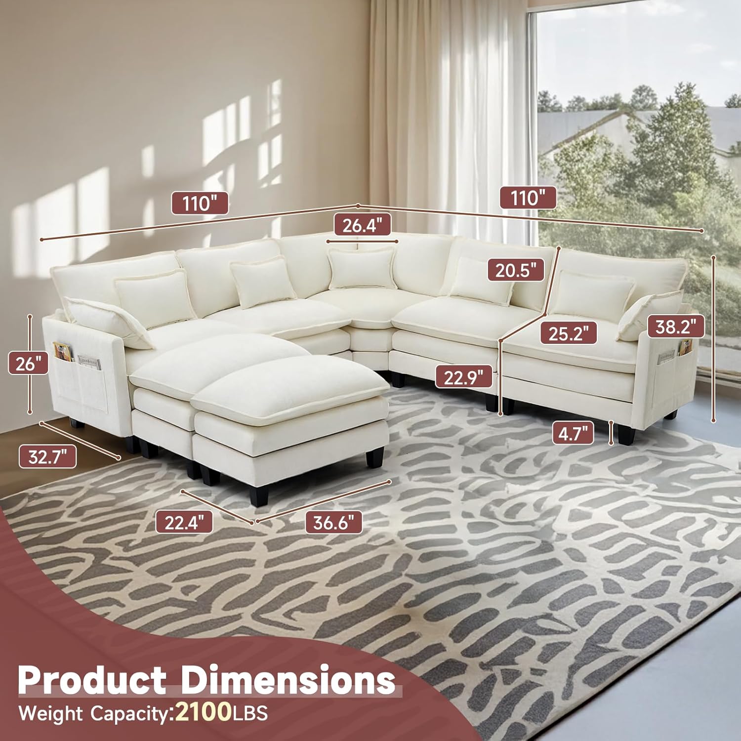 MANBUR Cloud Couch Sectional, Moudular Sectional Sofa, L Shaped Extra Deep Seat Sofa Couch with Ottoman and Pillows for Living Room, Apartment, Office (Beige, 7 Seater)