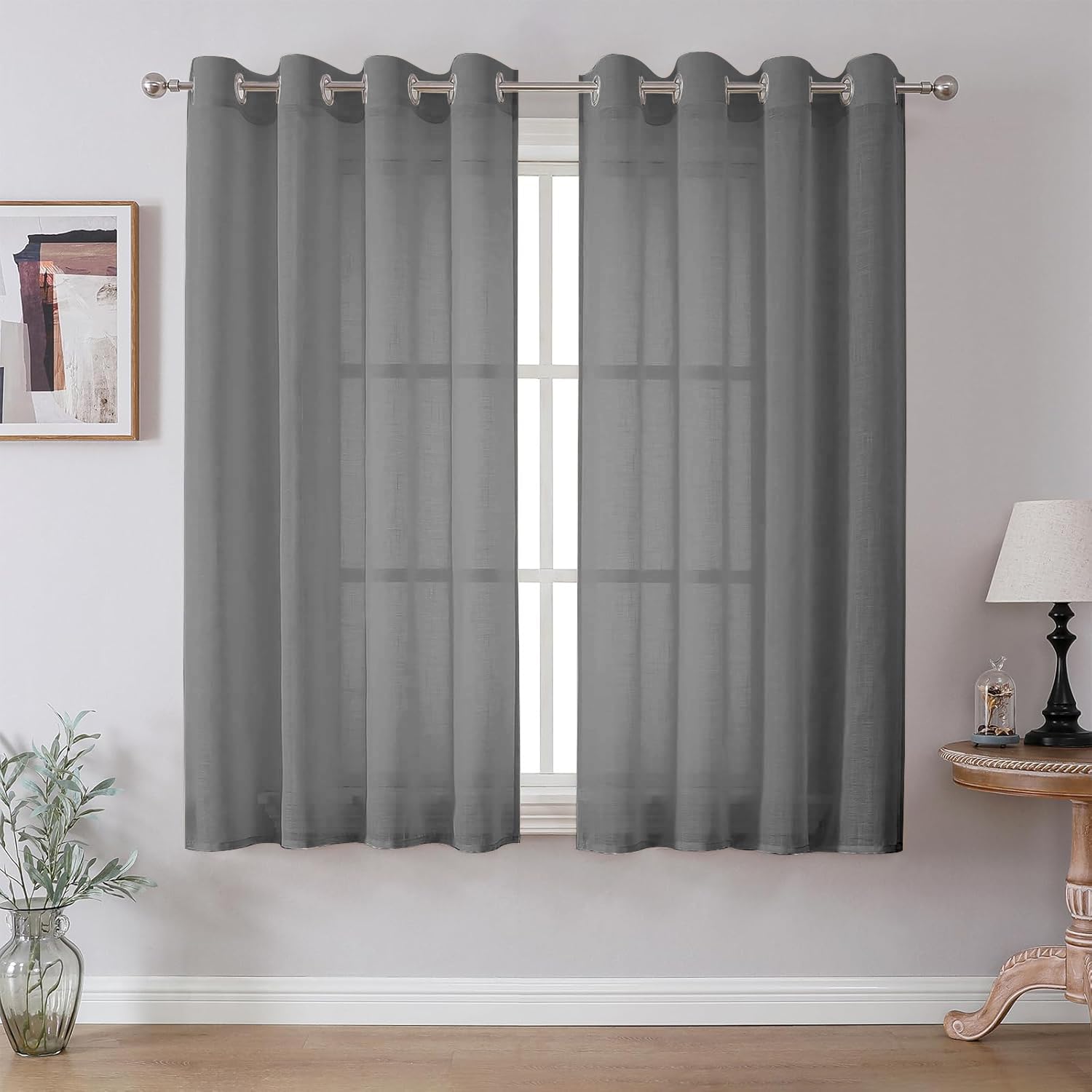 Cucraf Leinenoptik Grau Voile Vorhänge mit Ösen Halbtransparent Gardine für Schlafzimmer Wohnzimmer H175 x B140cm 2er Set