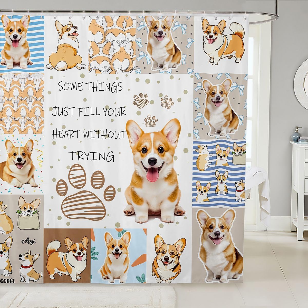 Feelyou Kawaii Corgi Shower Curtain Kids Cute Dog Puppy Bath Curtain Girls Boys Women Men Buffalo Check Grid Geometric Bathroom Shower Curtain Sets Waterproof Dog Lover Bathroom Accessories 72"x84"
