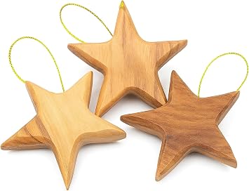 Handcrafted Olive Wood Star Ornaments for Christmas - Set of 3 Artisanal 2.56" x 2.76" Tree Decorations, Rustic Eco-Friendly Holiday Decor, Festive Wooden Accents for Seasonal Charm