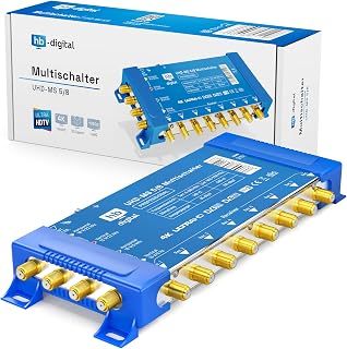 hb-digital 5/8 Multischalter mit externem Netzteil für 8 Teilnehmer und 1 Satellit – nur für Quattro LNB geeignet UHD 4K Full HD DVB-S/S2 – terrestrischer Eingang – vergoldete F-Anschlüsse