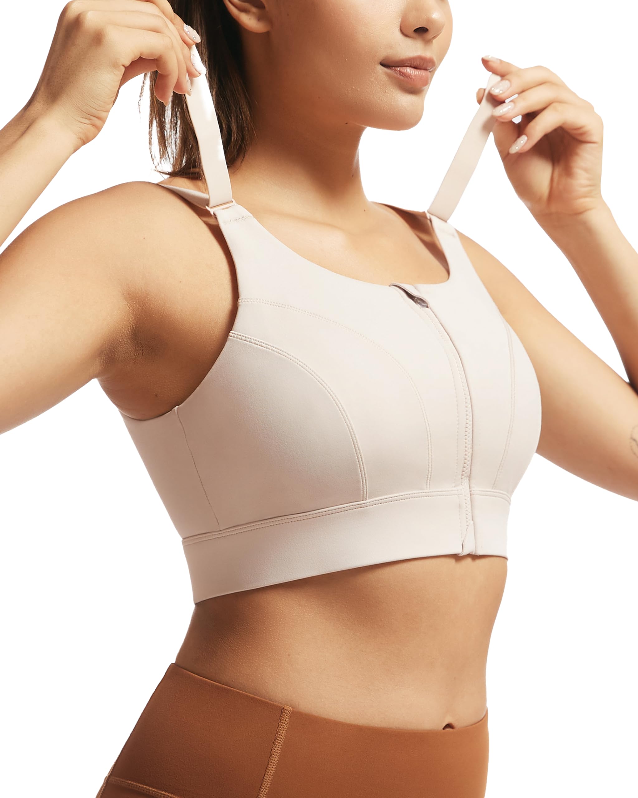 Adjustable High Impact Sports Bras for Women Zip Front Full Coverage and Lift Padded Compression Tops