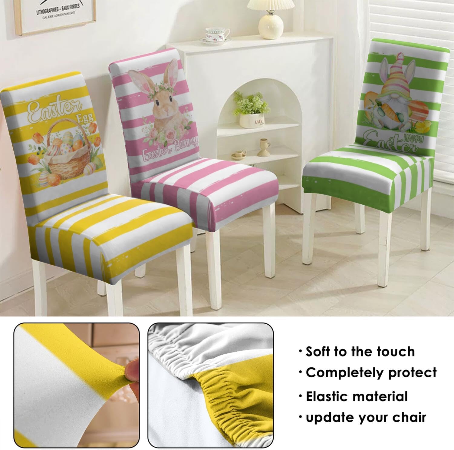 Easter Chair Covers Set of 4, Easter Decorations Stretch Removable Washable Dining Room Chair Protector Slipcovers for Easter Decor Holiday Party Kitchen Home Decorations (Easter 3, 4 PCS)
