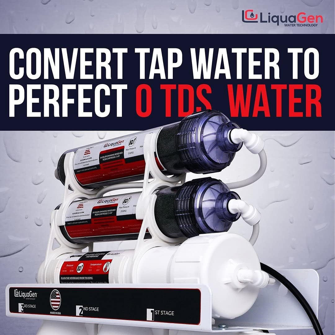 LiquaGen - 6 Stage Reverse Osmosis + Deionization (RO/DI) Water Filter System w/Glycerin Filled Pressure Gauge - 100 GPD | Under Sink Water Filter Machine for Aquarium Water Purification