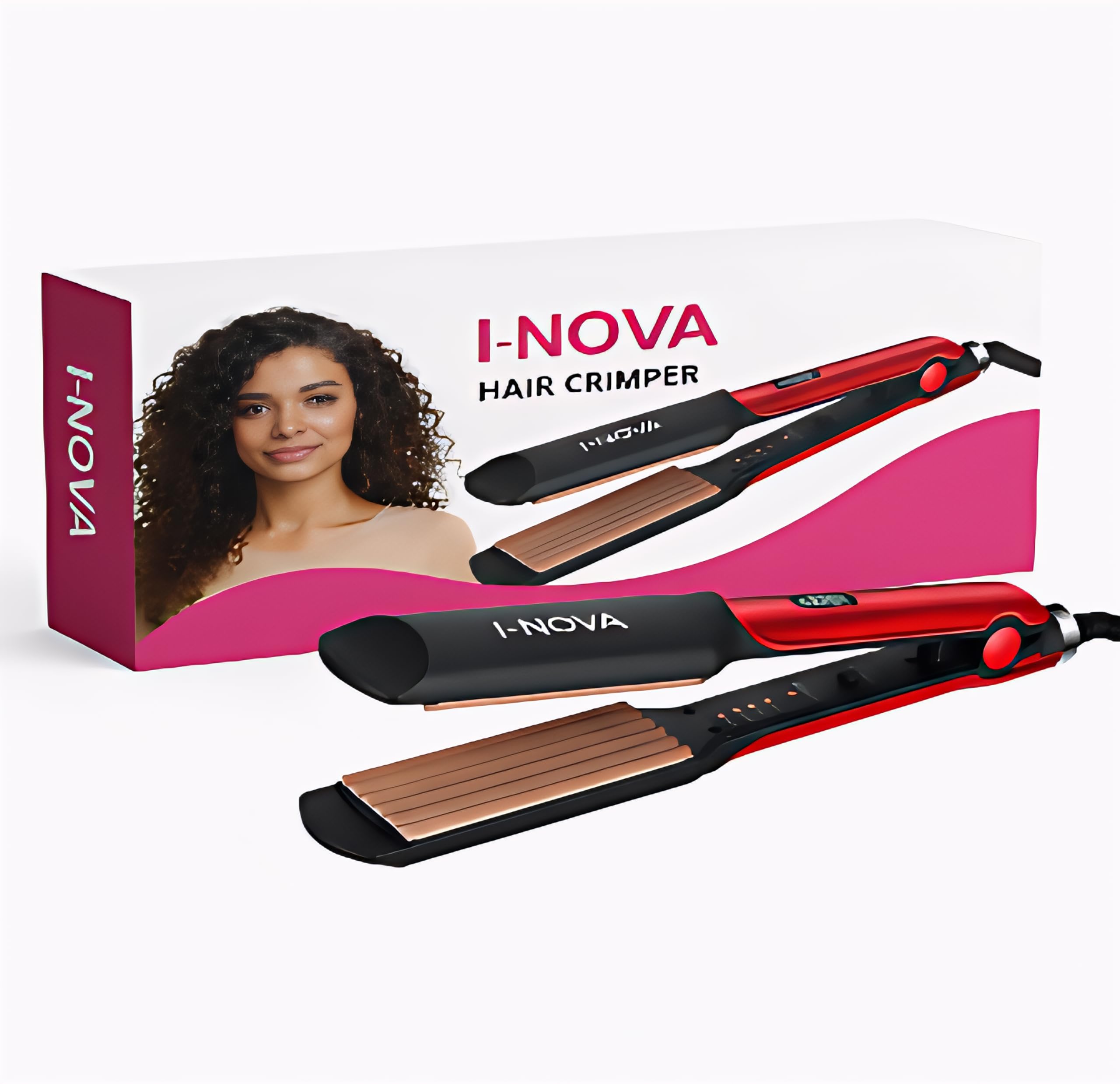 I-NOVA Professional Hair Crimper, Black and Red, Ceramic Plates, Electric Styling Tool for Curly Wavy Hair