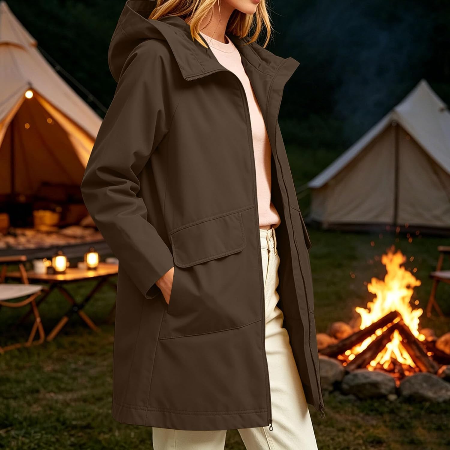 Long Raincoat for Women Hooded Zip Up Trench Coat with Pockets | Women's Mid Length Softshell Anorak with Snap Button Placket, Side Pockets, Long Sleeve for Fall Spring Travel