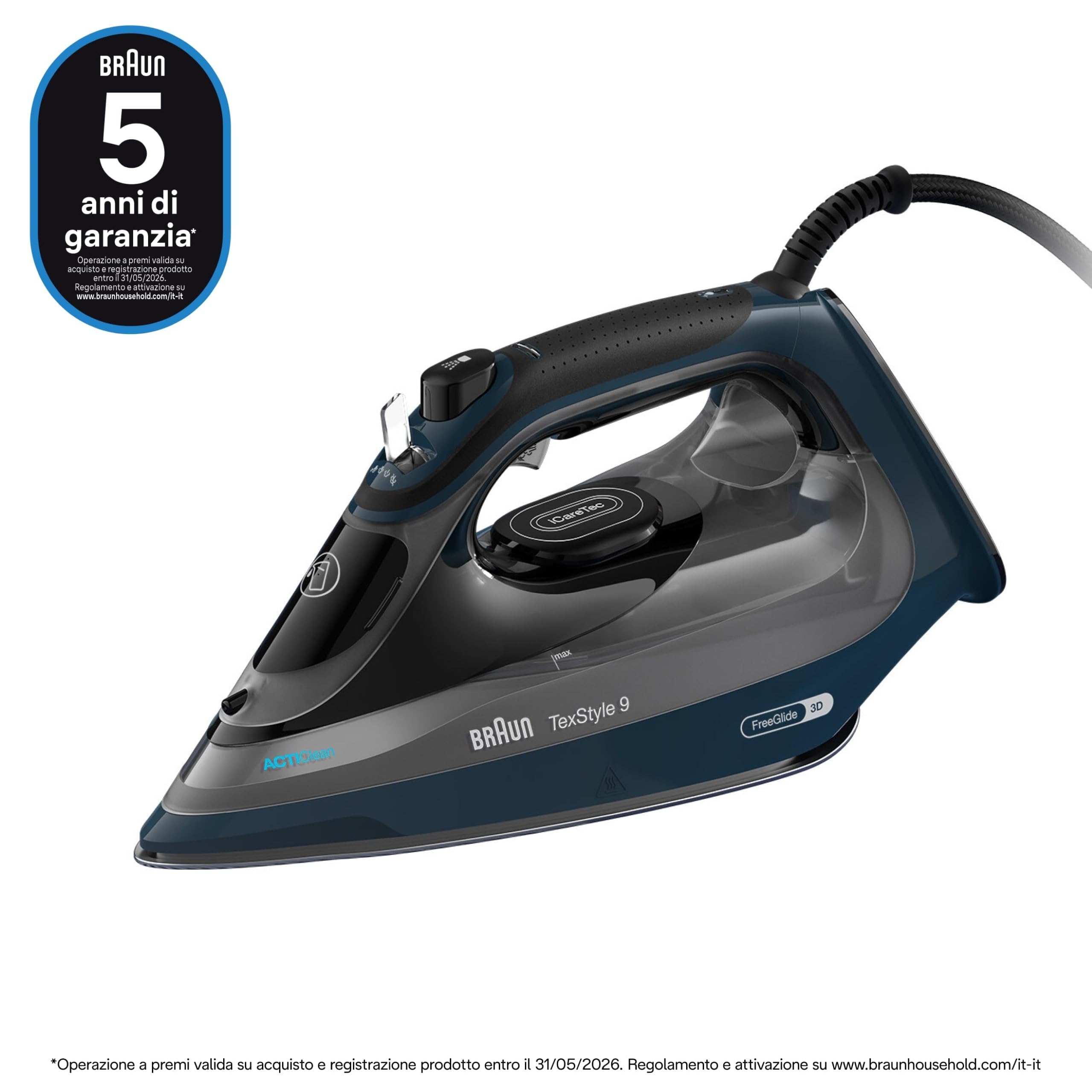 Braun TexStyle 9 SI9682DB Ferro da Stiro a vapore con 5 Anni di Assistenza, Colpo Vapore 260g/min, Modalità ECOMODE Risparmio Energetico, Piastra Freeglide 3D Eloxalplus, Serbatoio 330ml, Blu