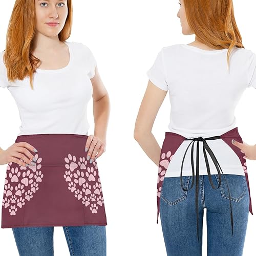 Miniatura 2 de bisibuy 3 Pocket Waist Apron, Pack of 3, Heart Dog Paw Server Short Apron for Men Women, Kitchen, Restaurant, Cafe Delantales De Mesera Para Mujer