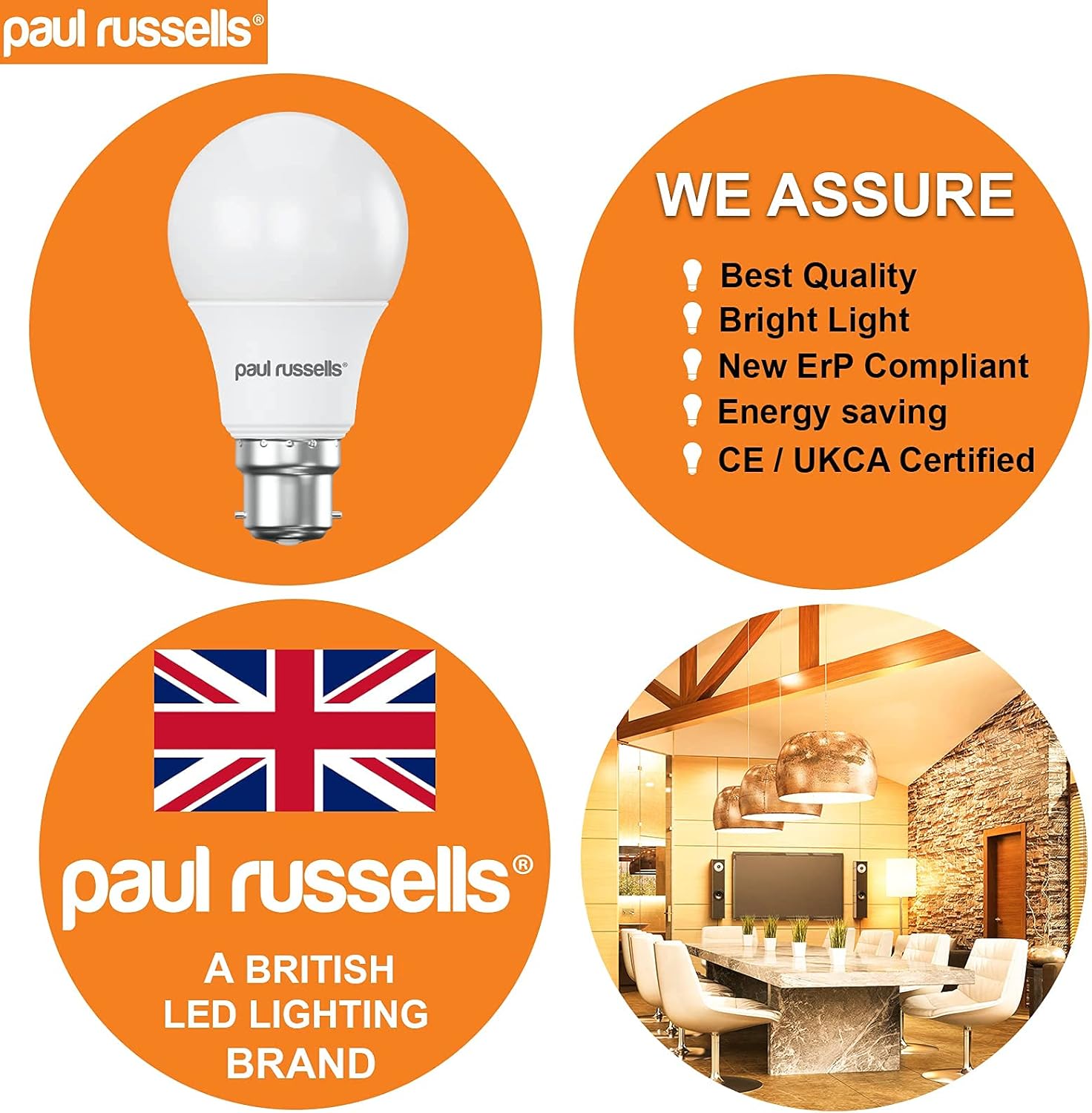 paul russells LED GLS Light Bayonet Cap BC, 60w Equivalent, 8watt 806LM LED Bulbs, 2700K Warm White Lamp - Image 5