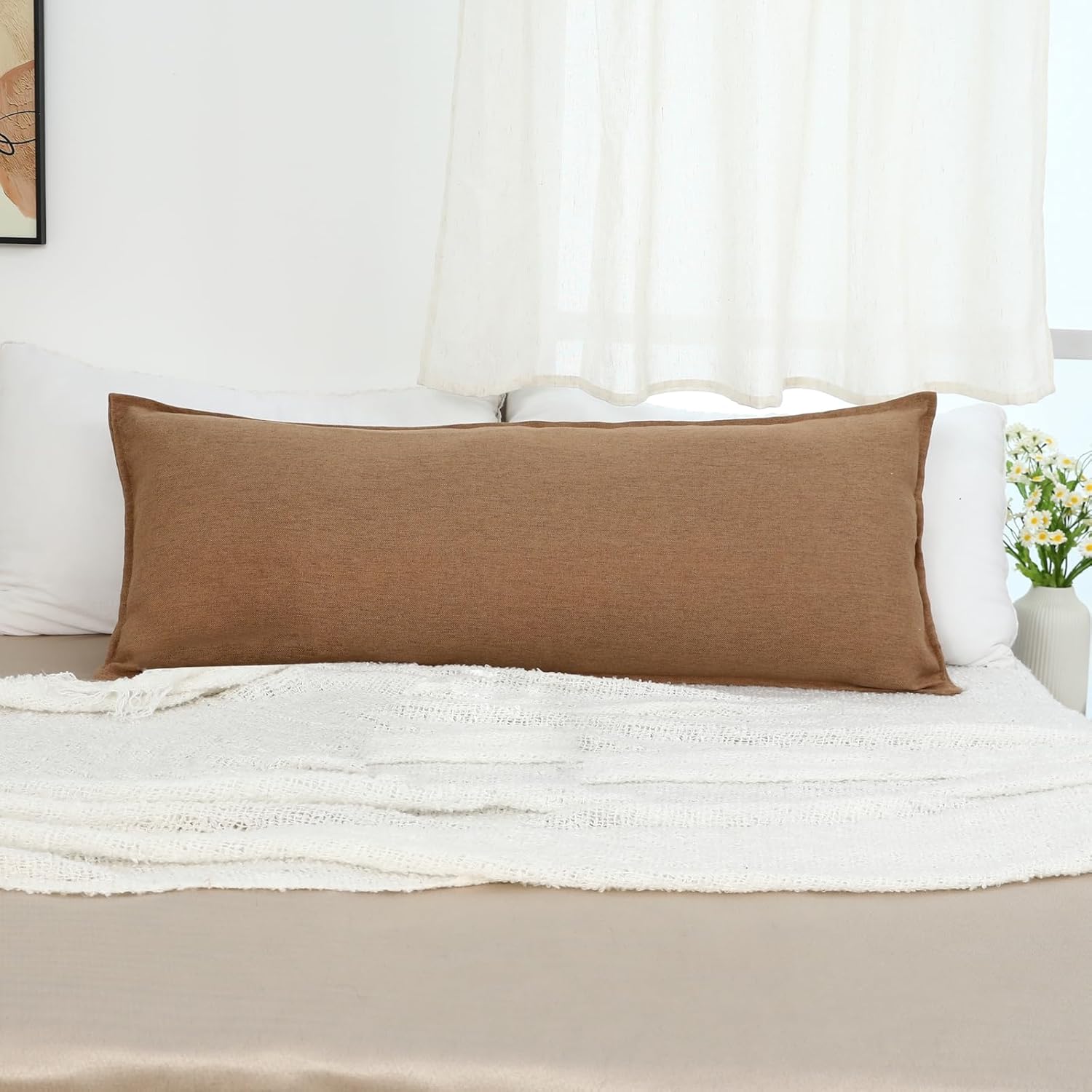 LIGICKY Brown Long Lumbar Pillow Cover 14x36 inch Neutral Linen Pillow Covers Decorative Rectangle Throw Pillow Covers for Living Room Couch Bed Sofa Rustic Farmhouse Boho Home Decor