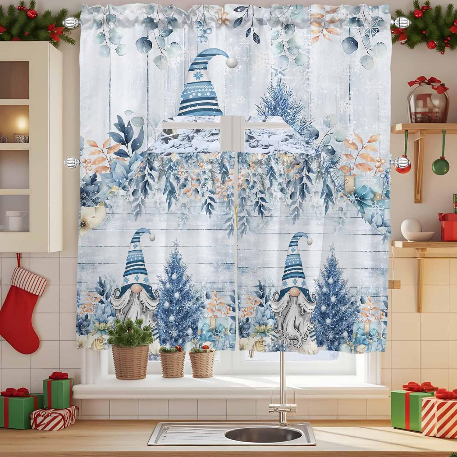Christmas Swag Kitchen Curtain Sets with Valance,3 Pieces Rod Pocket Curtain Drapes for Bedroom Living Room Cafe Windows,Retro Blue Blue Eucalyptus Gnomes Snowflake 56''x36''&24''x27.5''x2Panels