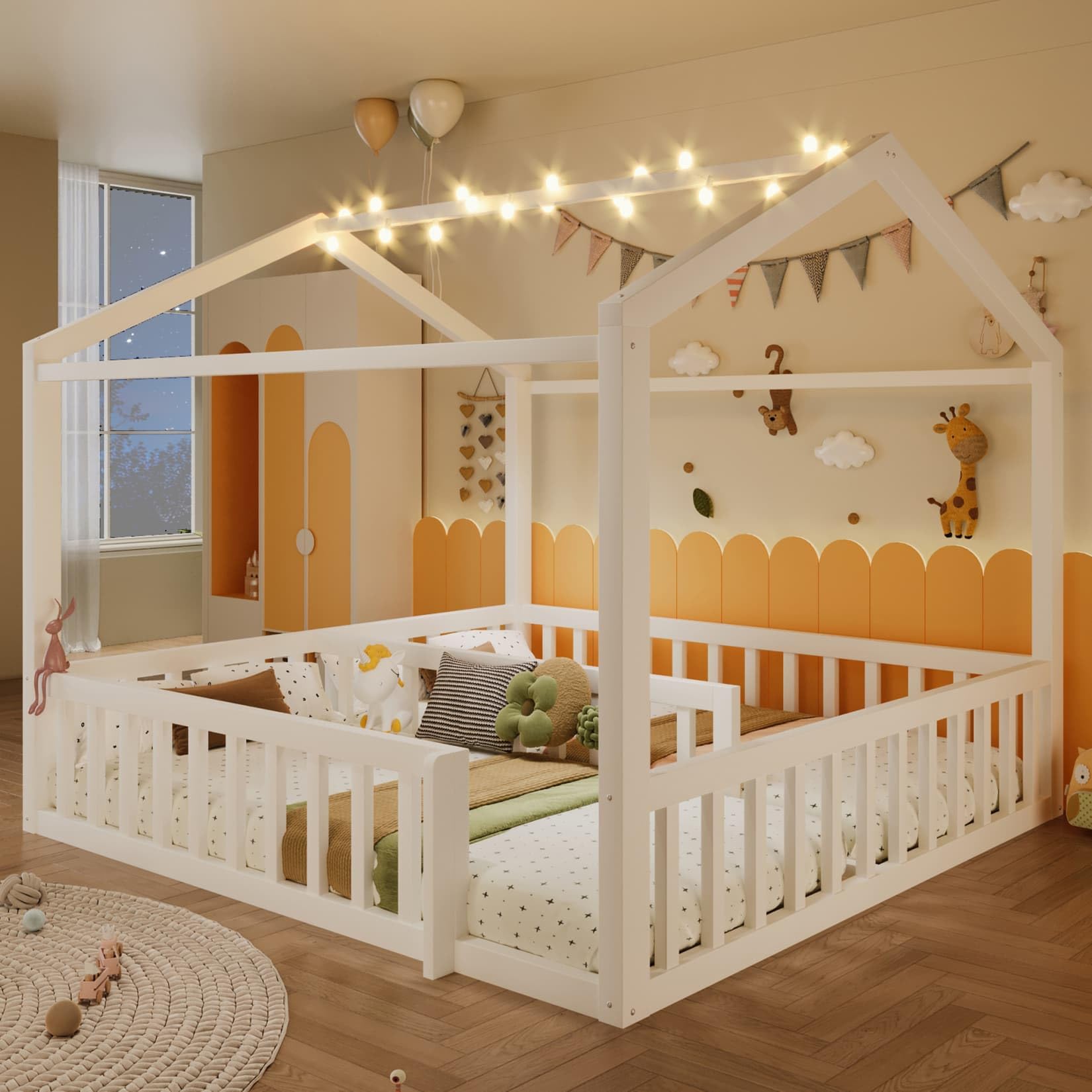 Lit Cabane 90x190cm*2/180x190cm en Pin,Lit au Sol Montessori 2 Places avec Éclairage LED,Barrières Hautes,Sommier à Lattes Robuste,pour Garçons Filles(Blanc 2, 90x190)