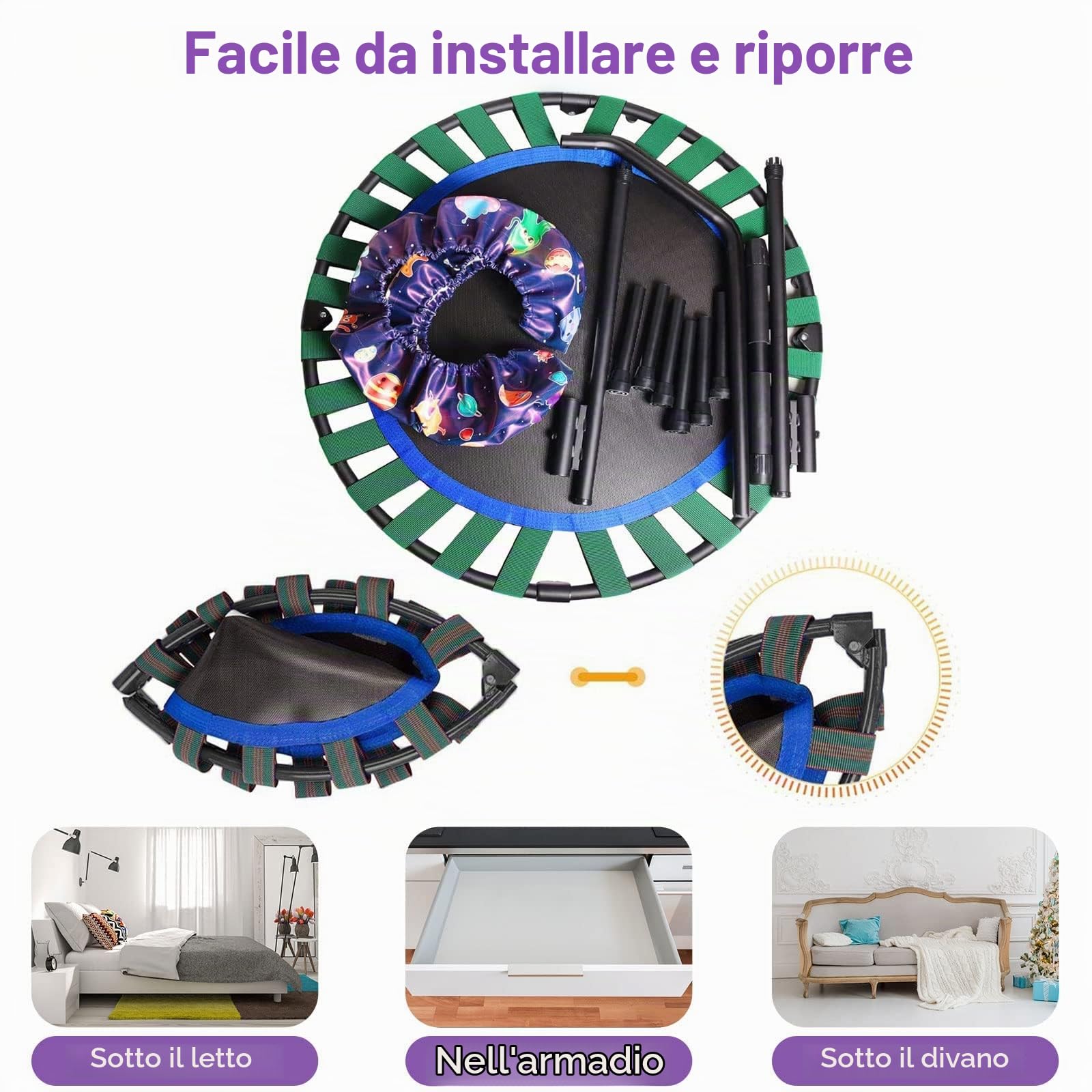 Trampolino elastico per bambini, diametro 91 cm, con manico e imbottitura di sicurezza, per bambini dai 2 anni in su, per interni ed esterni, copertura imbottita