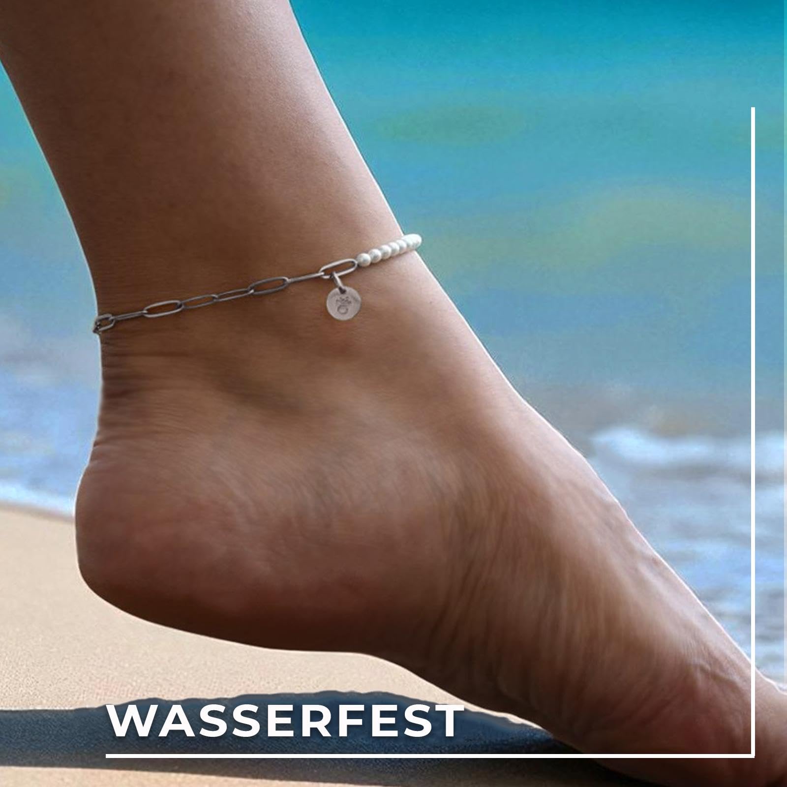 Amoonìc Fußkettchen für Damen aus Edelstahl mit Perlen Gold & Silber - Wasserfest & Verstellbar Zierliche Fußkette Sommer Schmuck Hautverträglich & Nickelfrei Fussketten für Frauen Geschenk Gravur