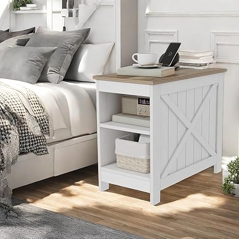 DWVO Farmhouse End Table with Charging Station, Narrow Side Table for Living Room, Rustic Wood Sofa Side Table with Storage Cabinet, Small Nightstand for Bedroom