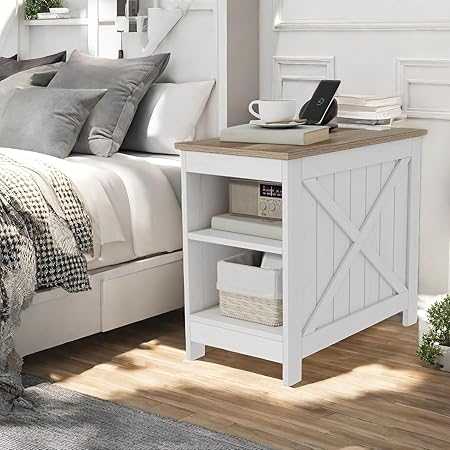 DWVO Farmhouse End Table with Charging Station, Narrow Side Table for Living Room, Rustic Wood Sofa Side Table with Storage Cabinet, Small Nightstand for Bedroom