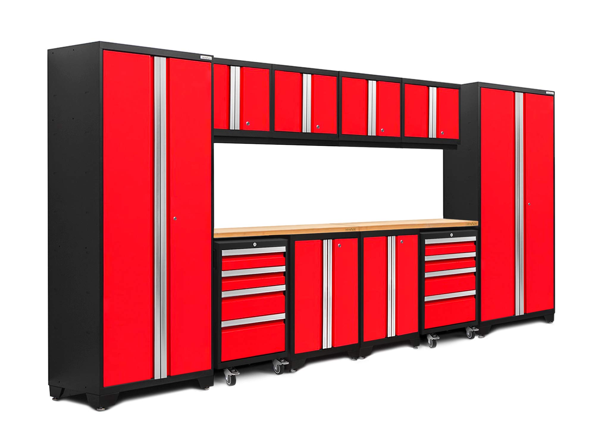 NewAge Products Inc. Bold Series 12-Piece Steel Garage Cabinet Set, No Lights/No Backsplash, Red with Bamboo Worktop