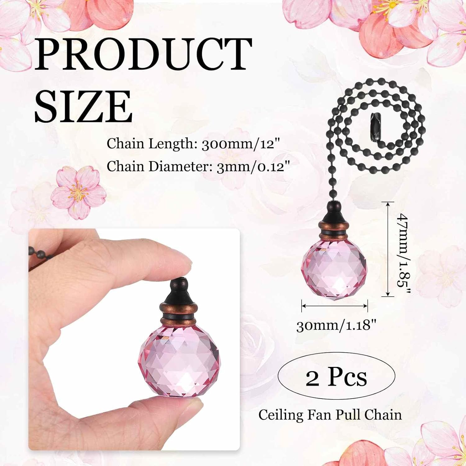 MECCANIXITY 2Pack Ceiling Fan Pull Chain, 12 Inch Decorative Ornaments Crystal Pendant Pull Chain Extension for Ceiling Fans Light Lamp, Pink