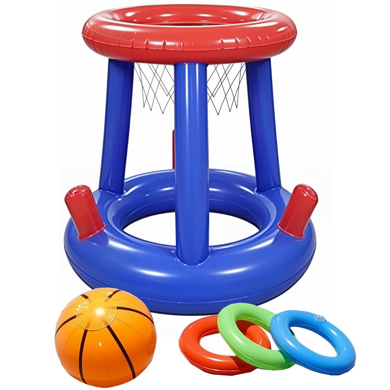 3 Rings & 1 Ball Inflatable Pool Basketball Hoop, 2-in-1 Ring Toss Game