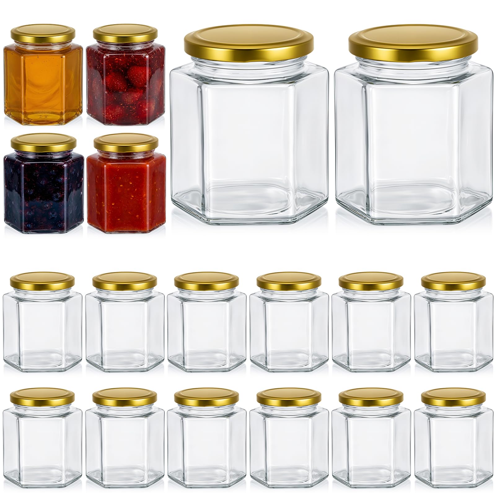 saerryor 18 Pack Hexagonal Glass Jars With Lids 280ml Airtight Pickling Jar