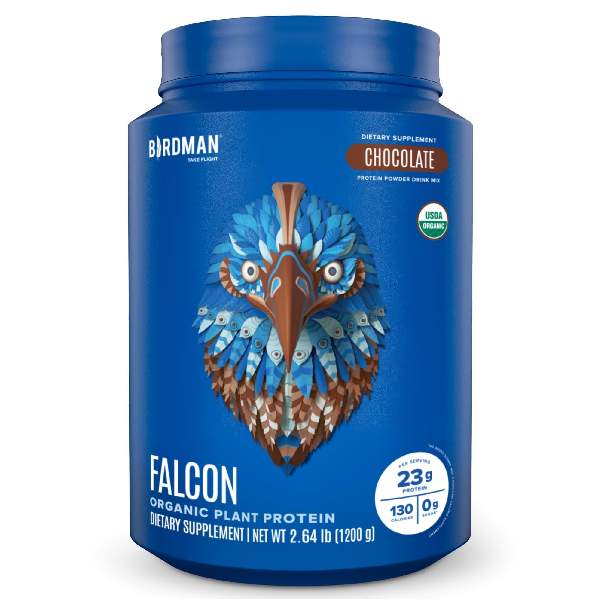 BIRDMAN Falcon Vegan Protein Powder Organic, Stevia & Sugar Free, Plant Based Protein, Low Carb, Dairy Free, Keto, Non Whey Protein, Probiotic, Pea Protein | Chocolate Flavor - 37 Servings - 2.64lb