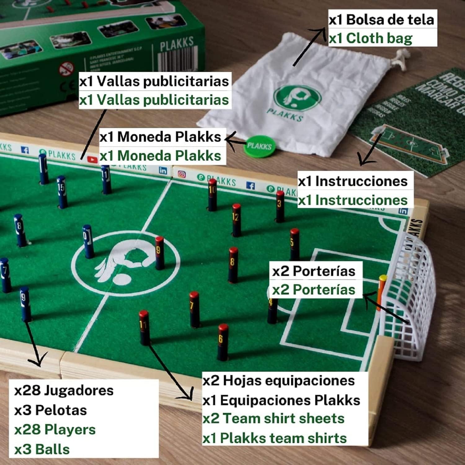 PLAKKS | Juego de Mesa de Fútbol | De 3 a 99 Años | 2 a 4 Jugadores | para Niños y Adultos | Juego de Madera | Juego de Habilidad | para Toda la Familia | Futbolín de Mesa