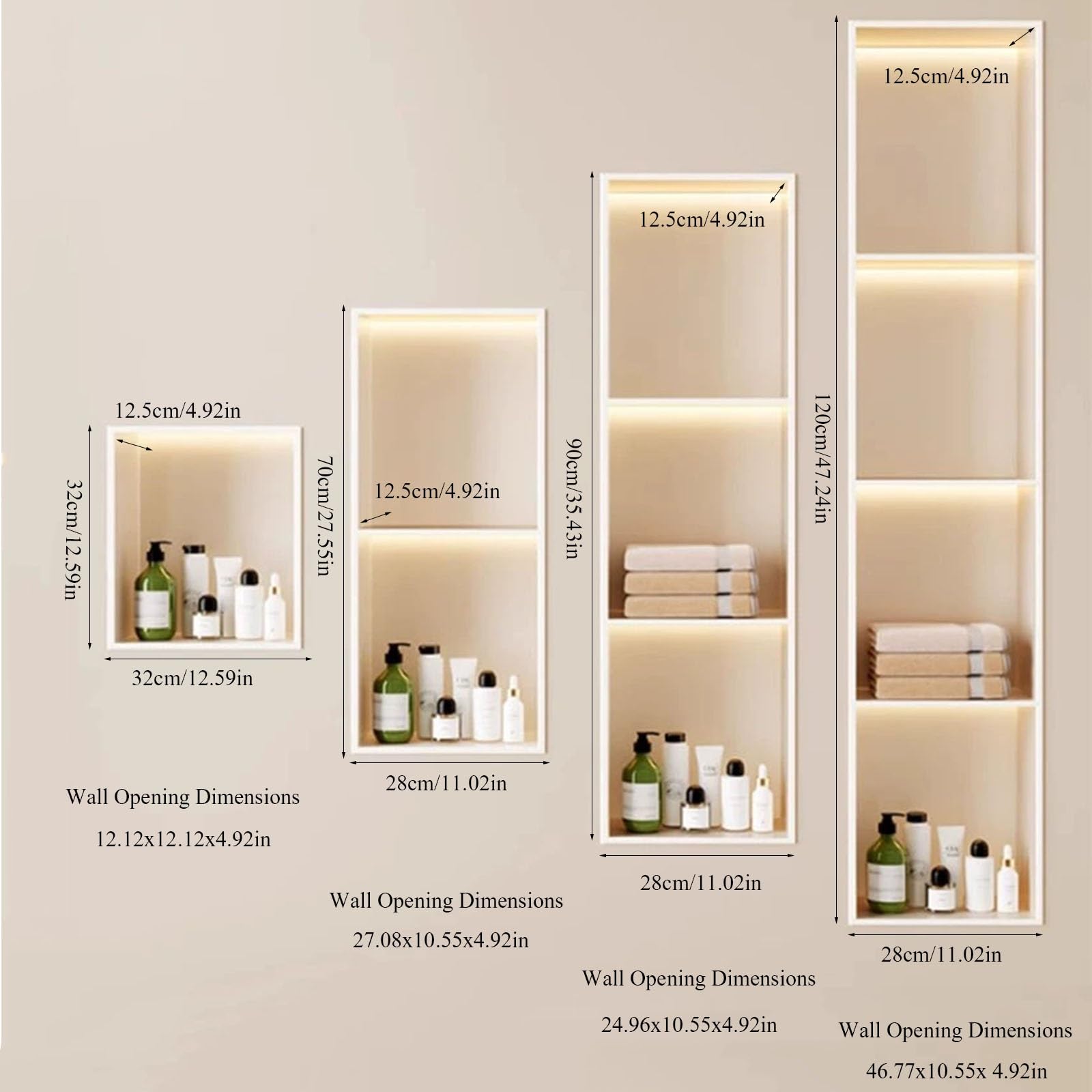 SanzIa Nicchia per Doccia con Luce LED Illuminata, Scaffale Impermeabile da Incasso a Parete Non È Necessario Rivestire la Nicchia per Lo Stoccaggio del Bagno(28x90x12.5cm)