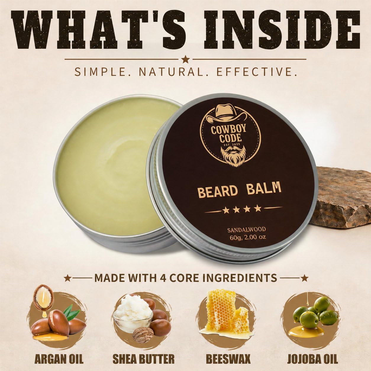 Beard Balm for Men, 100% Natural Beard Conditioner & Softener with Shea Butter, Argan Oil, Jojoba Oil & Vitamin E, Moisturizes, Styles & Tames Beards, 60g, 2.00 oz image 3