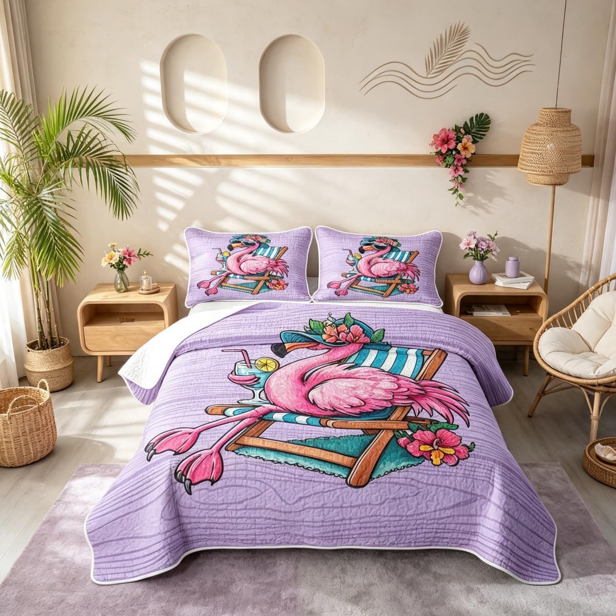 Castle Fairy Funny Flamingo Full Size Quilt Coverlet,Summer Beach Quilted Bedspread,Tropical Summer Theme Bed Covers for All Season,Light Green Home Decor 3Pcs Coverlet Set