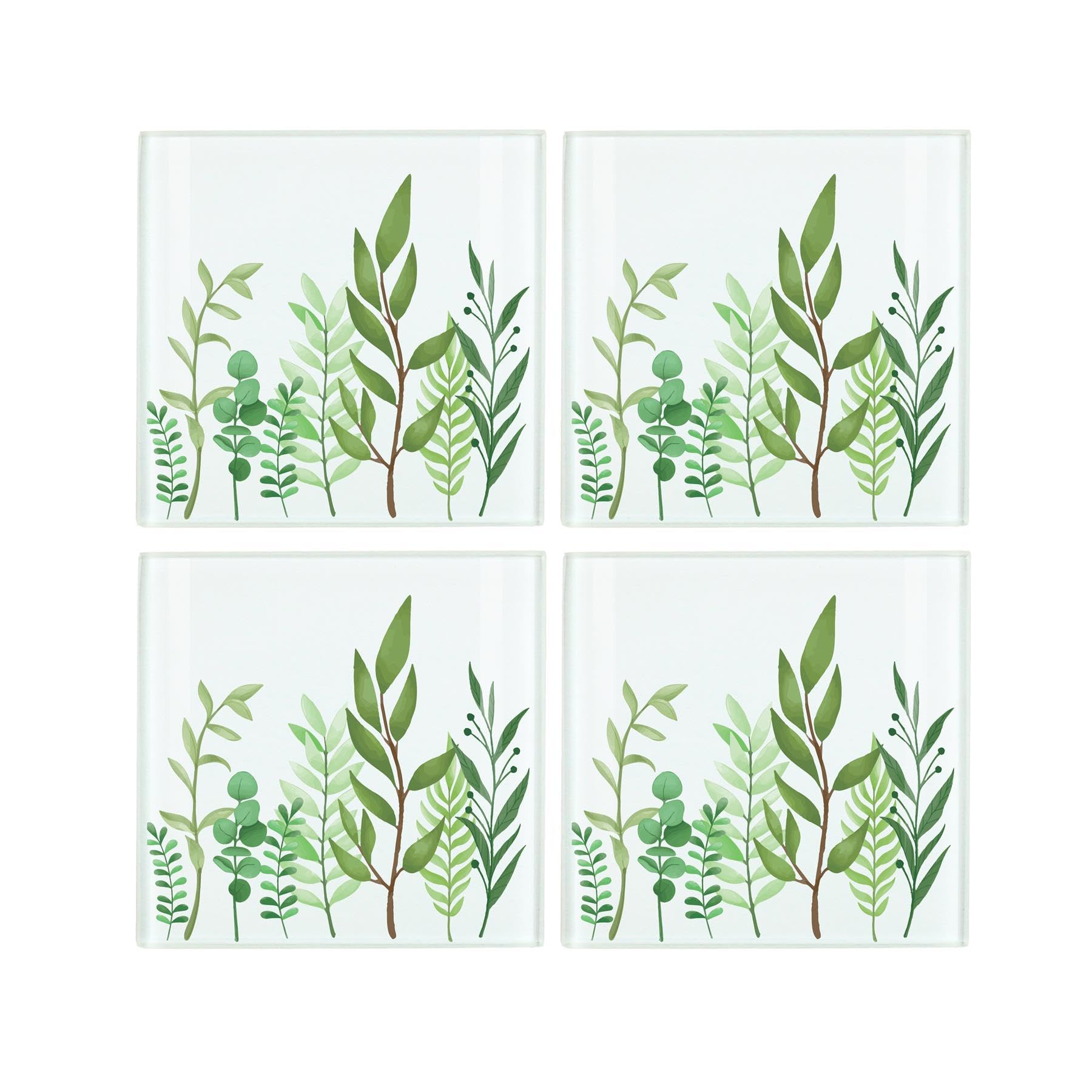 Green Leaves Coaster Set - Square Glass Foliage Print - Set of Four (4) Coasters