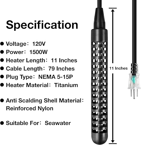 Miniatura 3 de GRILLME Calentador de agua de inmersión eléctrico portátil de titanio de 1500 W, calentador de agua de cubo, calentador de agua de mar para pecera,