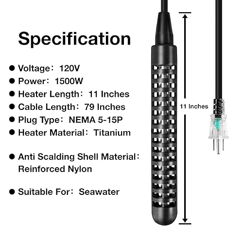 Miniatura 3 de Calentador de agua de inmersión eléctrico portátil de titanio de 1500 W, calentador de agua de cubo, calentador de agua de mar para pecera,