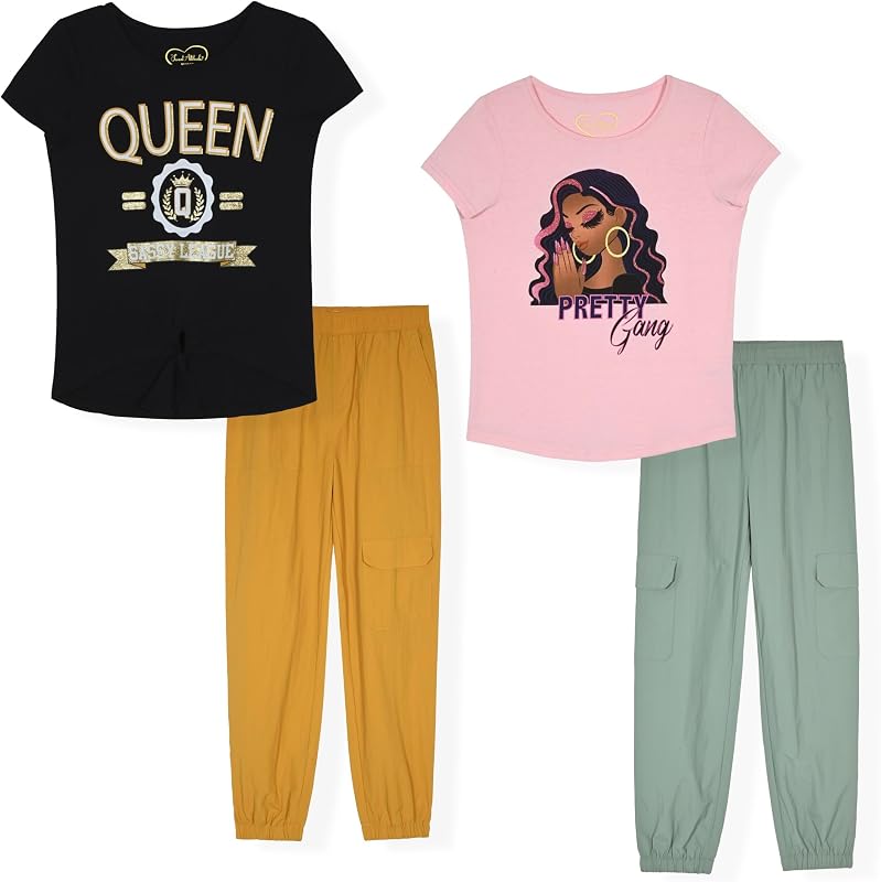 Pack de 4 conjuntos de pantalones de chándal para niña, pantalones de chándal con purpurina y estampado gráfico de foil, pantalones de felpa suave