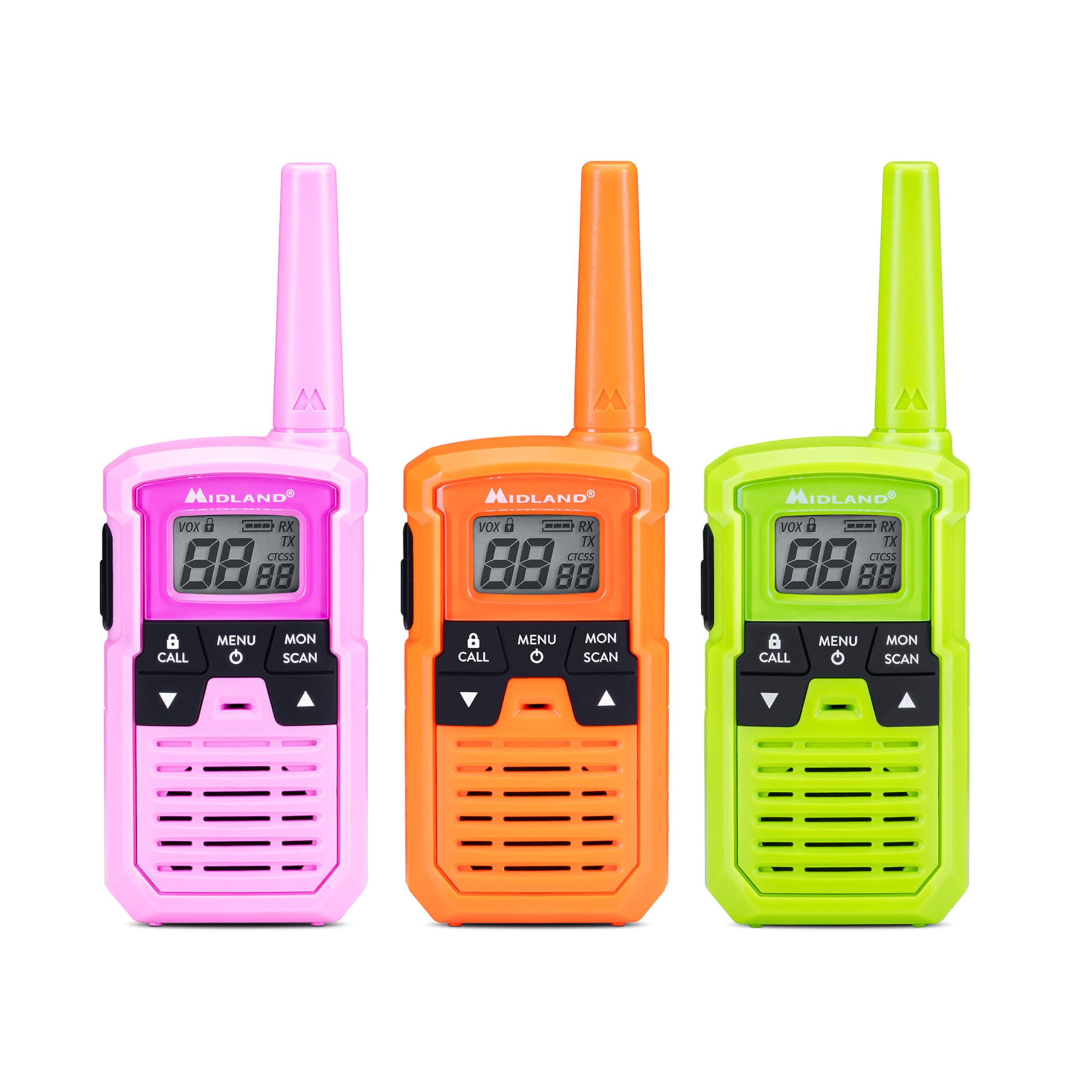 Midland - Walkie Talkie per Famiglie XT10 PRO Multicolor, 3 Radio Ricetrasmittenti per Esterno e Famiglia - 16 Canali PMR446 Senza Licenza, 20H/4km, 38 Toni CTCSS, VOX, SCAN, Call, Batterie AAA
