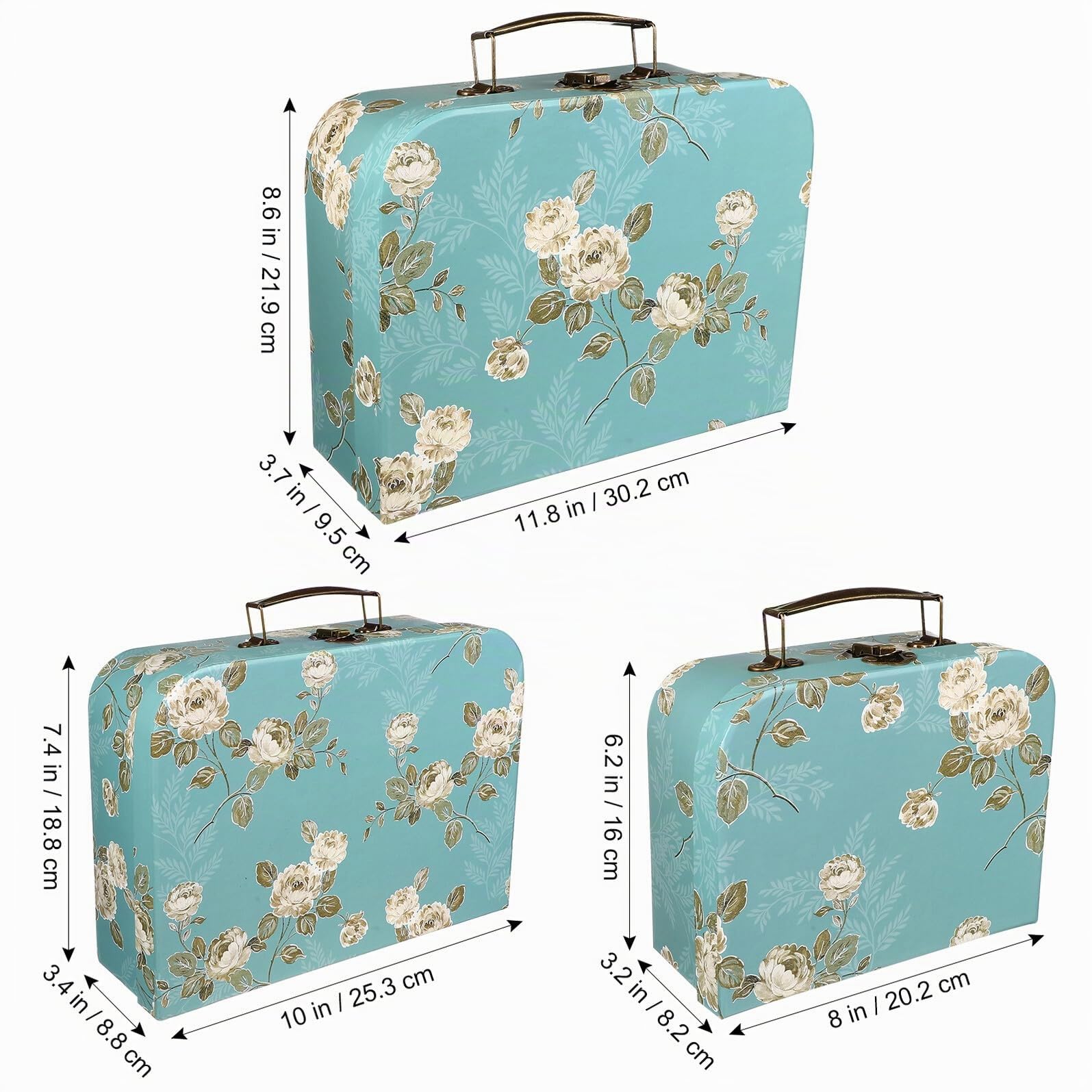 VALICLUD Set 3 Scatole Valigie in Cartoncino con Manici in Metallo Scatole Impilabili per Shower e Compleanni con Design Floreale Raffinato
