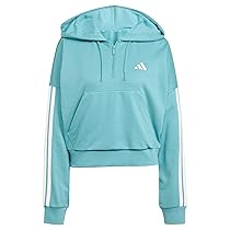 adidas Donna Essentials 3-Stripes French Terry Quarter-Zip Hoodie, Powder Teal, White, M
