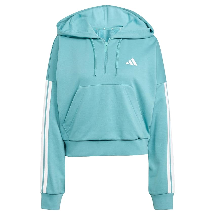 adidas Donna Essentials 3-Stripes French Terry Quarter-Zip Hoodie, Powder Teal/White, M