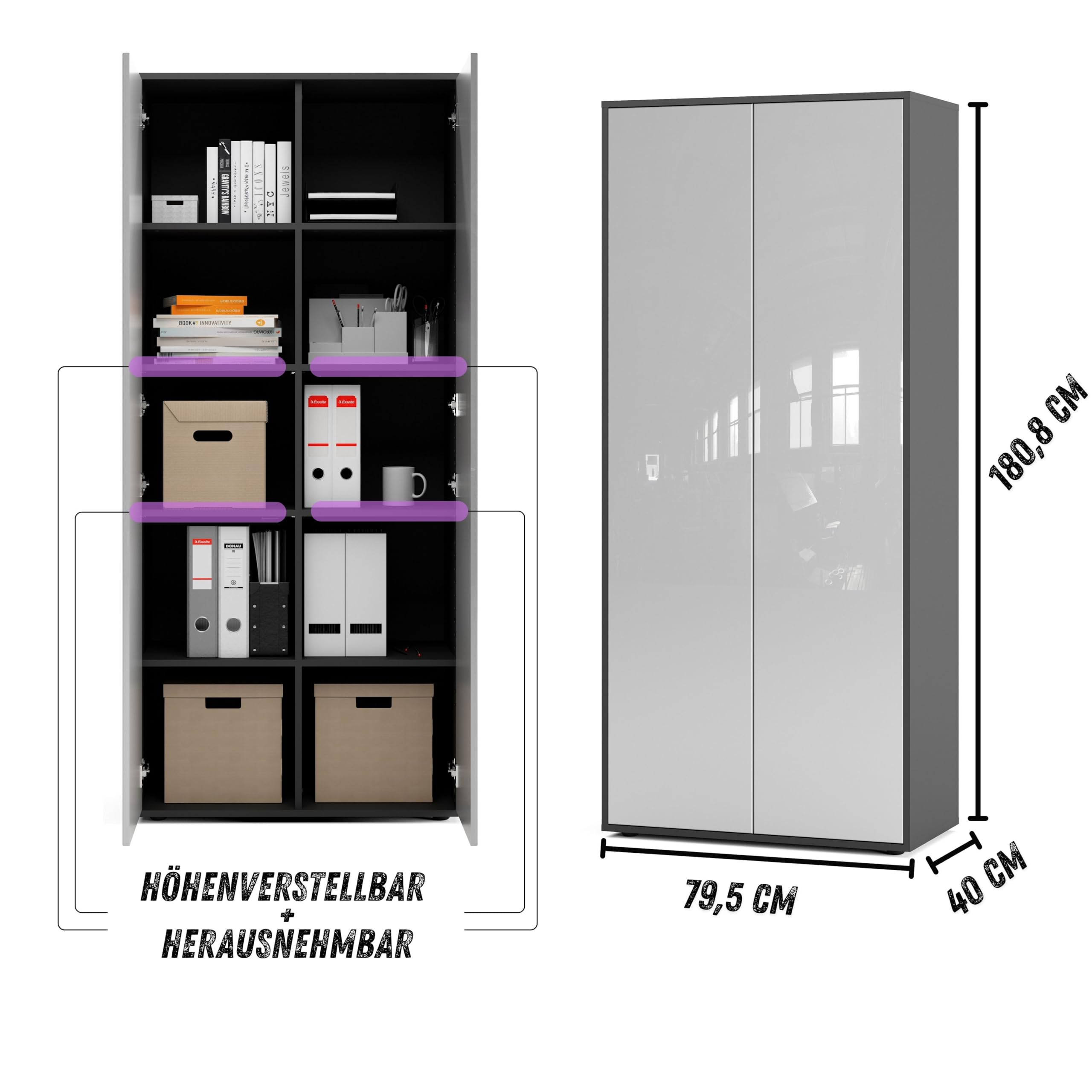 Büroschrank Amira T00, Anthrazit/Weiß Hochglanz, 180x80x40 cm | Geschlossener Schrank mit 2 großen Türen, Push-to-Open, Aktenschrank für Büro und Homeoffice
