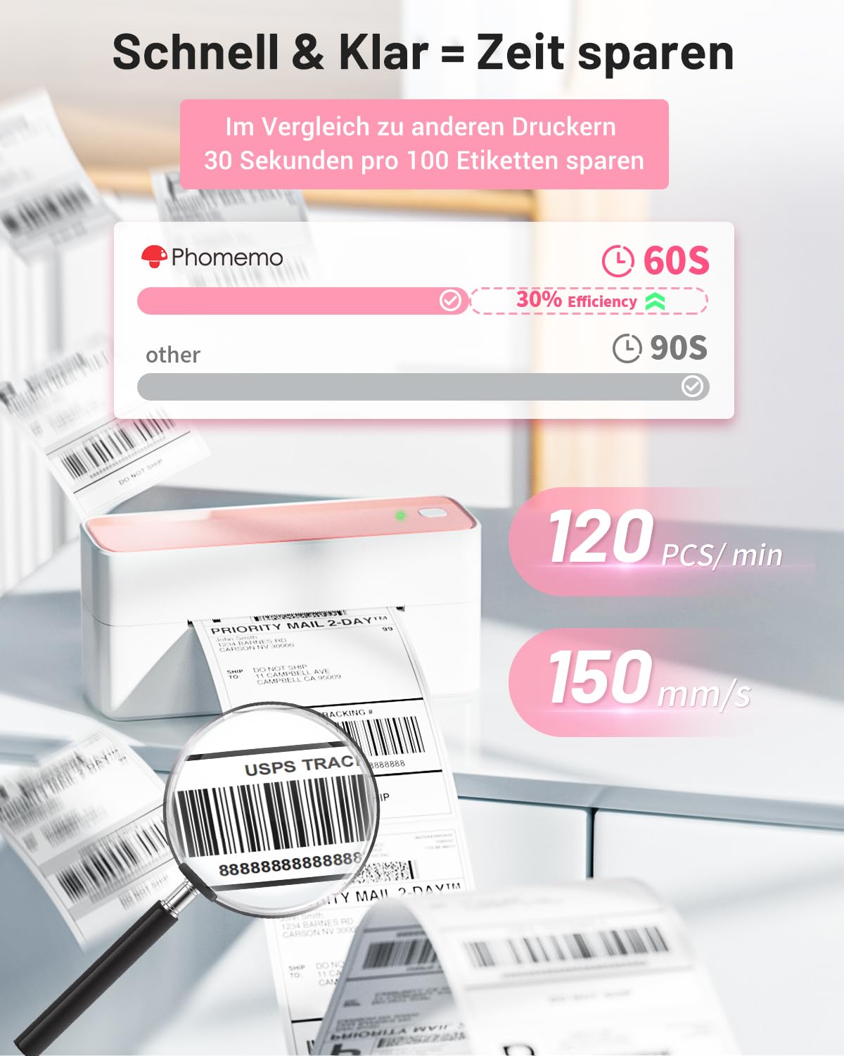 Phomemo DHL Etikettendrucker 4x6, Bluetooth Thermodrucker, Versandetiketten Drucker Label Printer, Kompatibel mit Amazon, Etsy, Shopify, DHL, UPS, FedEx, Royal Mail, USB & Bluetooth Verbindung - Rosa